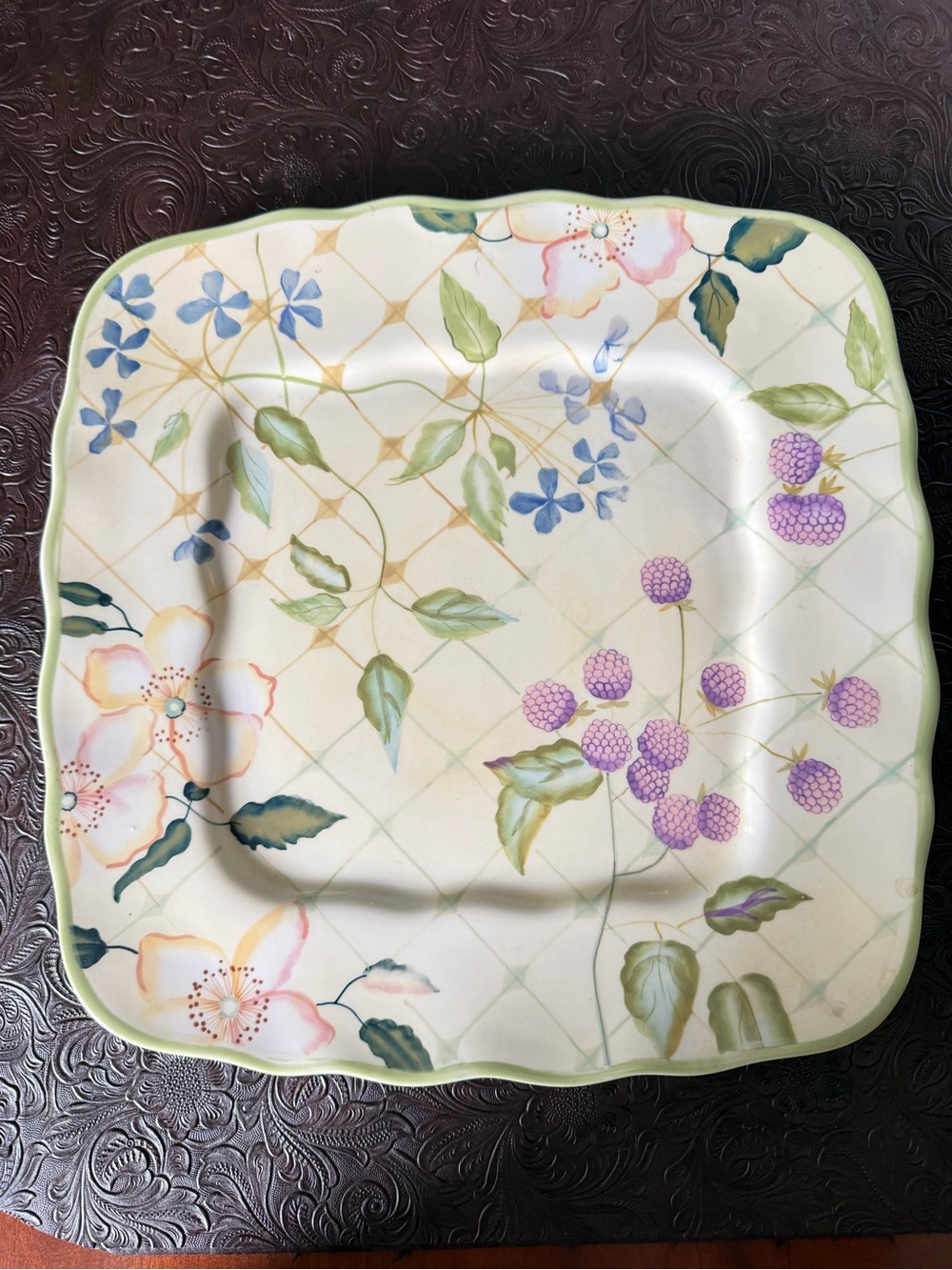 Tracy Porter Floral Square Dinner Plate in Cream, Green and Purple
